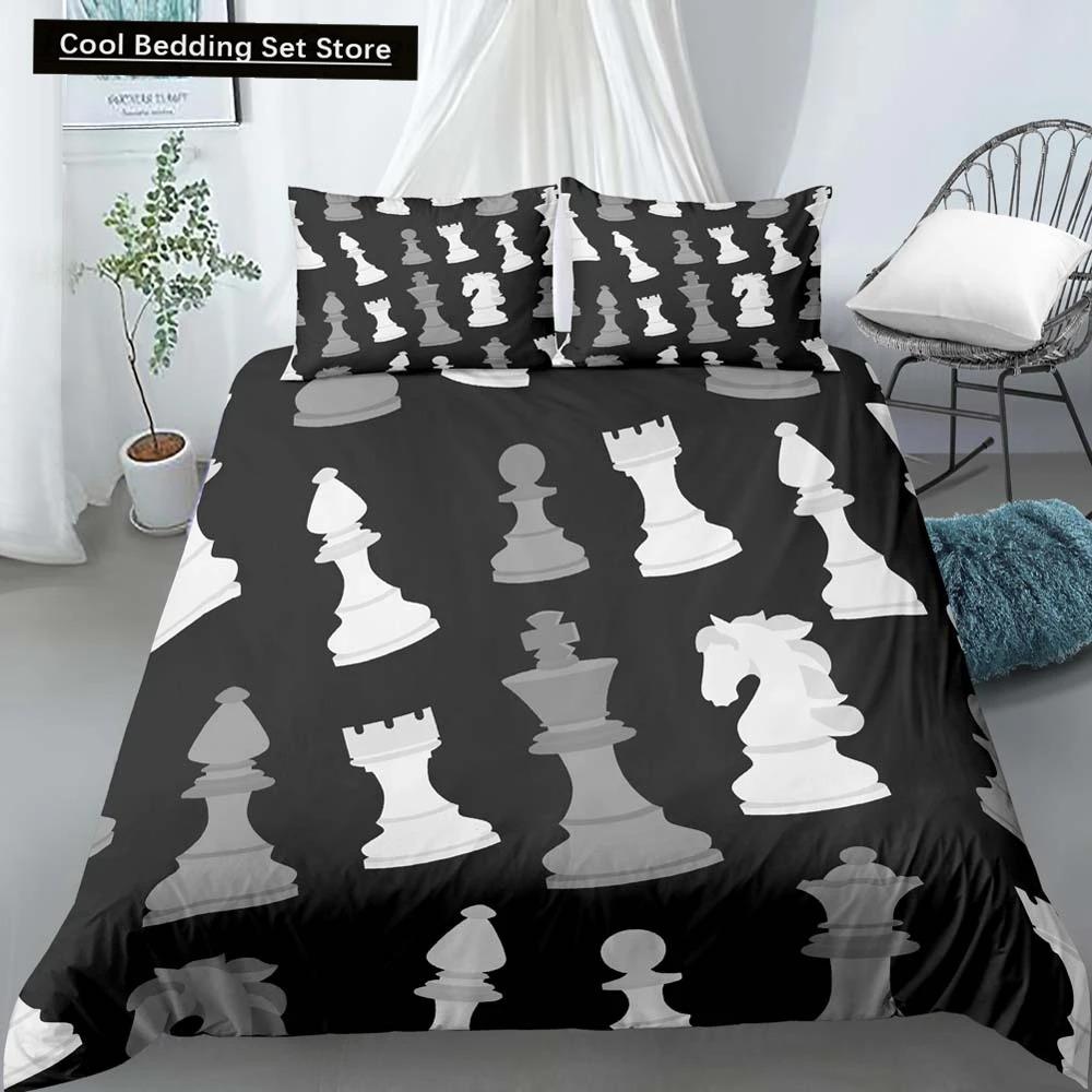 International Chess King Queen Duvet Cover Chess Board Bedding Set Black White Grid Quilt Cover Plaid Polyester Comforter Cover