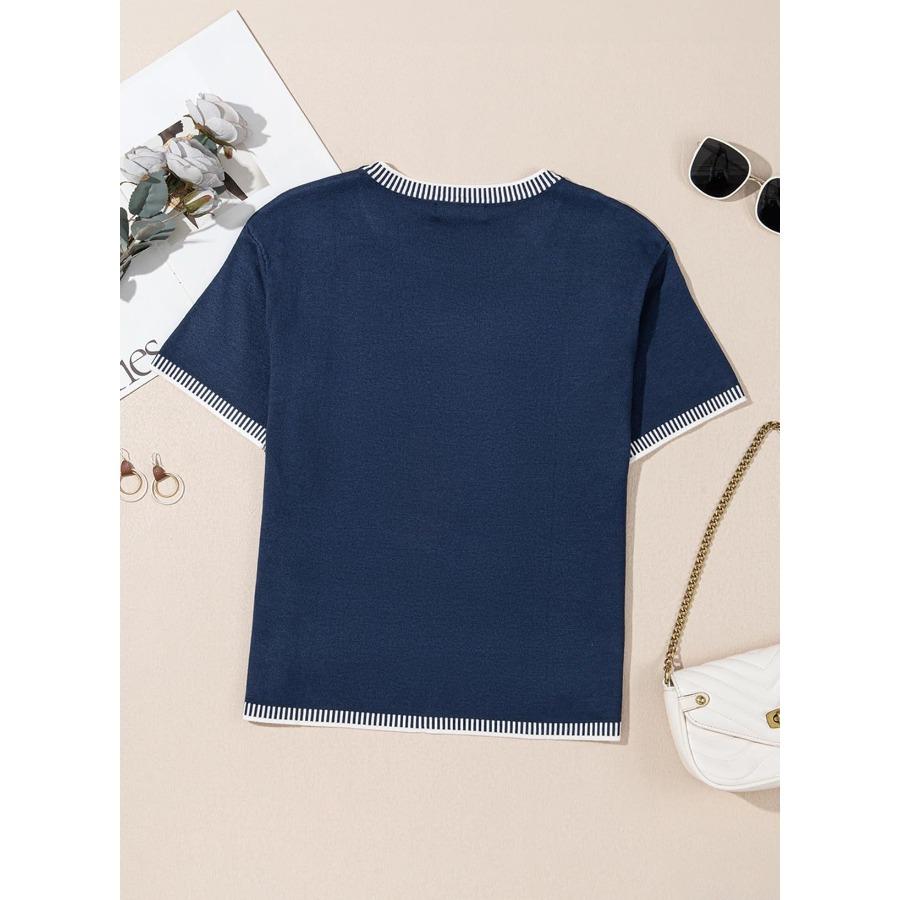 Summer Women's Pullover Short Sleeved Round Neck Short Sleeved Striped Knitted Sweater Shirt