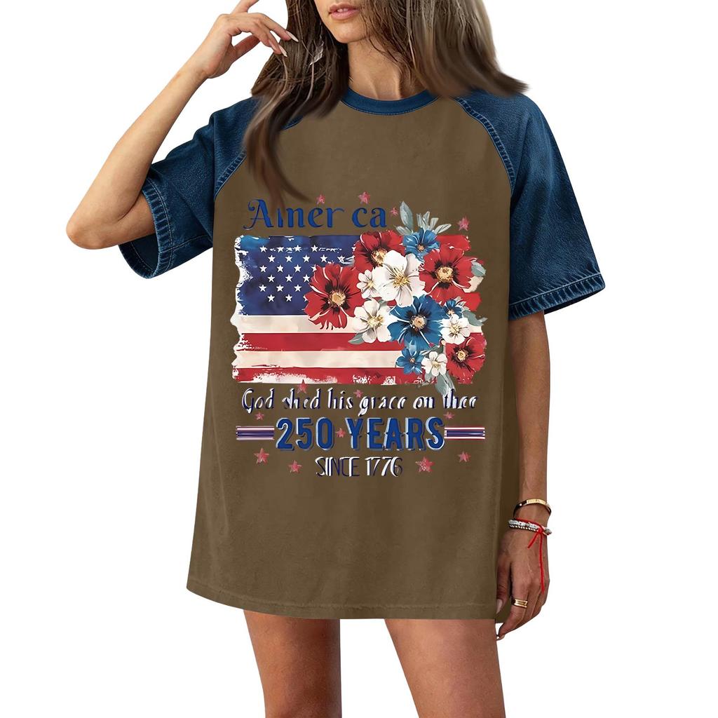 Denim Patchwork Shirts For Women Stand Collar Casual Blouse Short Sleeve Comfy Tshirt Spring Summer Fashion