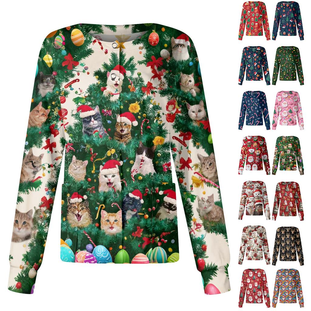 Women's Christmas-printed Casual Long-sleeved Single-breasted Work Uniform Cardigan