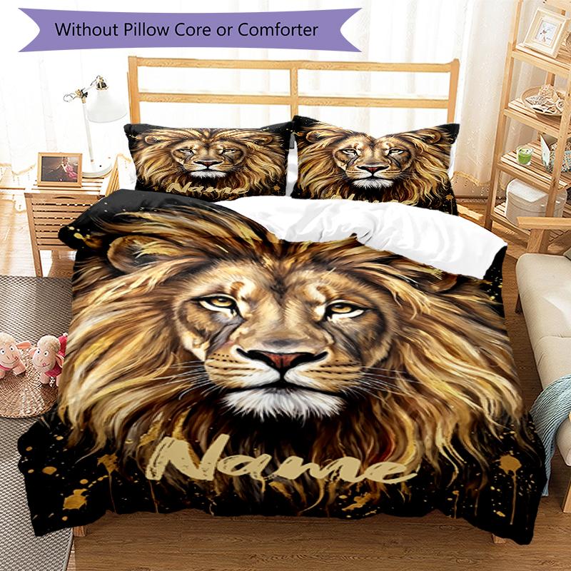 3pcs Custom Name Lion Bedding Set Duvet Cover Closure Includes 1 Duvet Cover & 2 Pillowcases, Soft and Comfortable for All Seasons.
