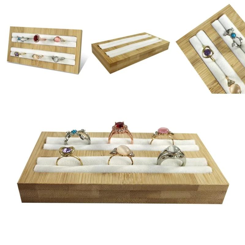 Velvet Square Ring Tray With Bamboo Wood Base 2 Slots Ring And Accessory Display Stand Earrings Jewelry Storage Rack 14.5*7CM