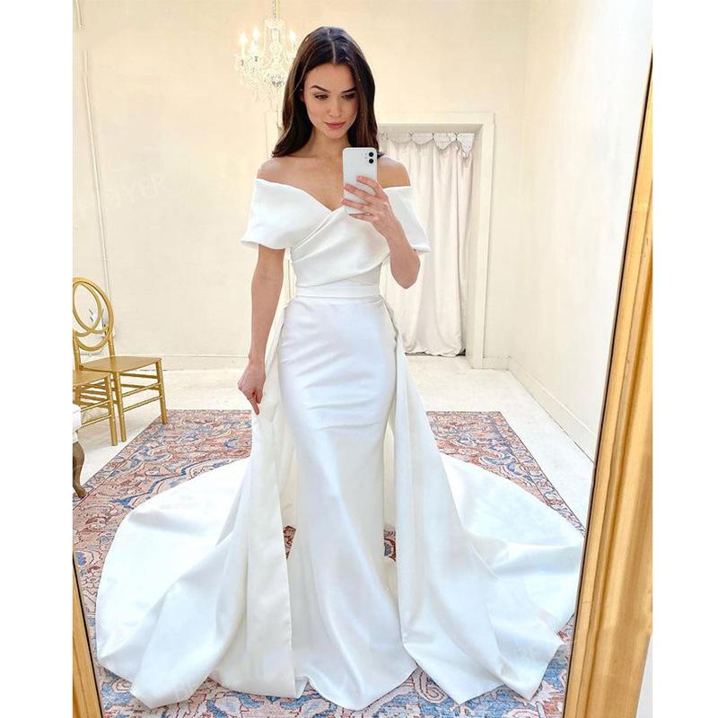 French Satin Light Wedding Dress 1011 New One-word Shoulder Trailing Temperament Simple Hepburn Style Main Wedding Dress