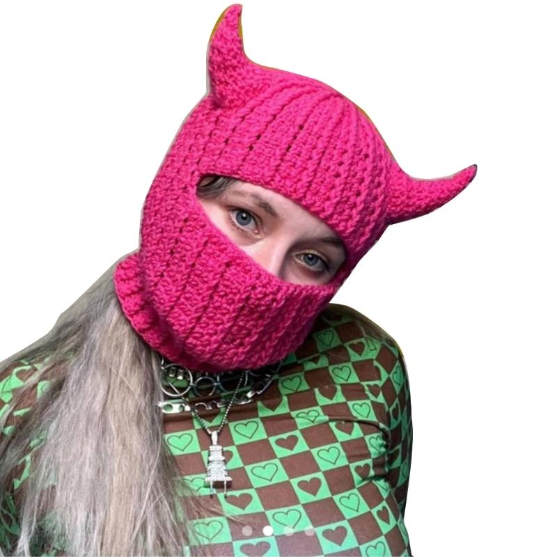 

Novelty Devil Horn Face Cover Hat Knit Balaclava Cap for Women Men Winter Warm Hat Adult Halloween Costume Role Play Cap рожевий червоний колір