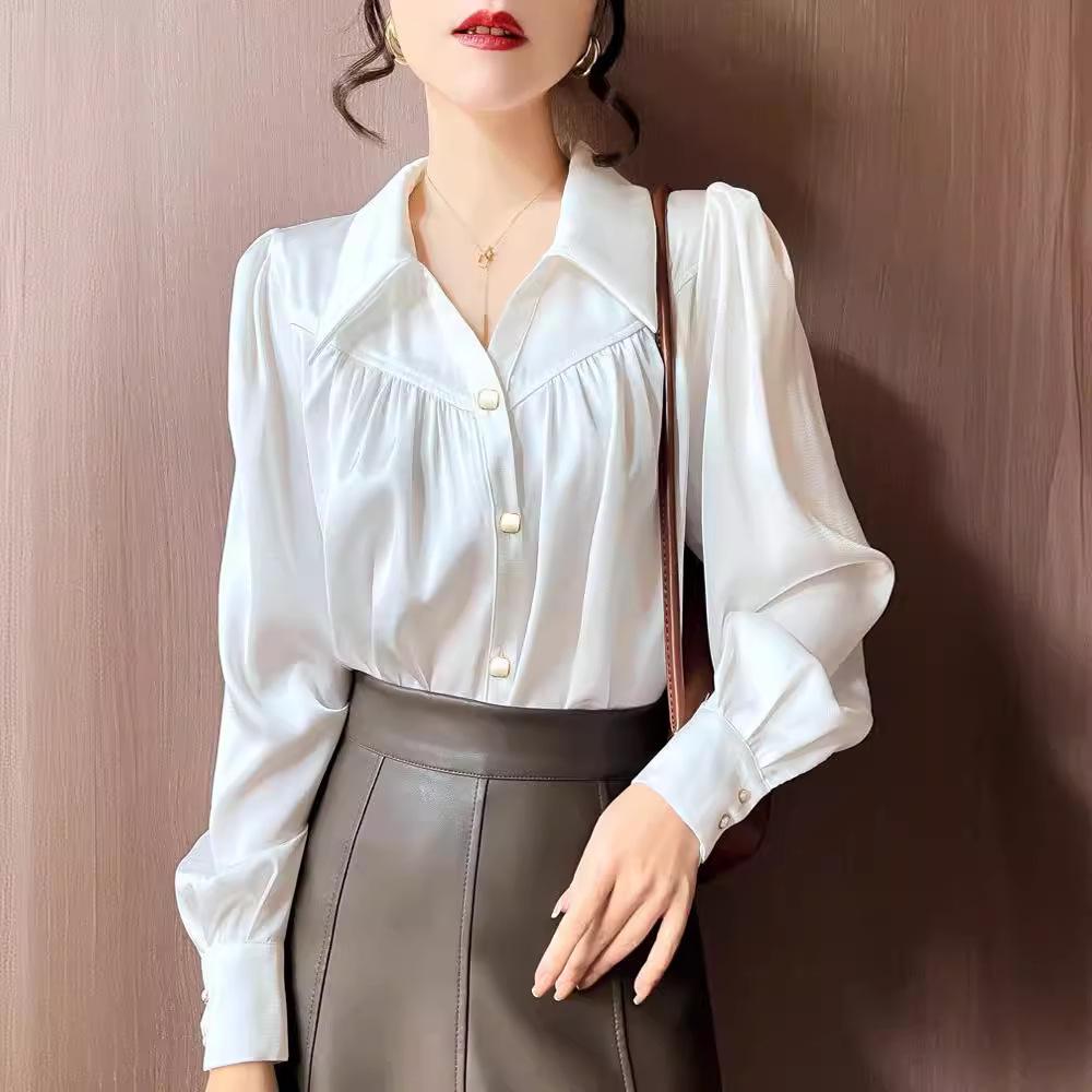 

2024 Women s V-Neck White Shirt: Casual, Versatile Bubble Sleeve Top for Spring and Autumn L білий