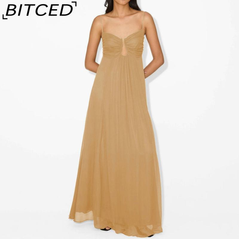 BITCED Summer Sexy Spaghetti Strap U-Neckline Resort Maxi Dress with Full Skirt