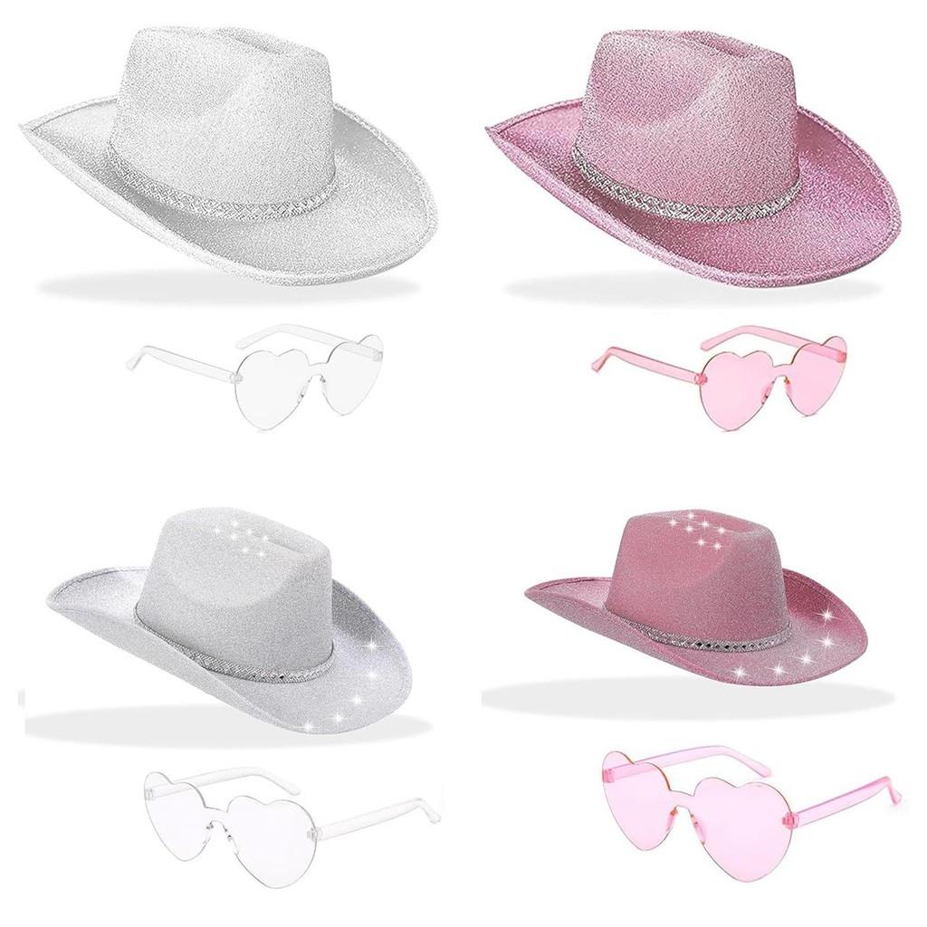 Halloween Party Silver Pink Glitter Diamond Stripe Cowboy Hat With Goggles For Costumes And Celebrations