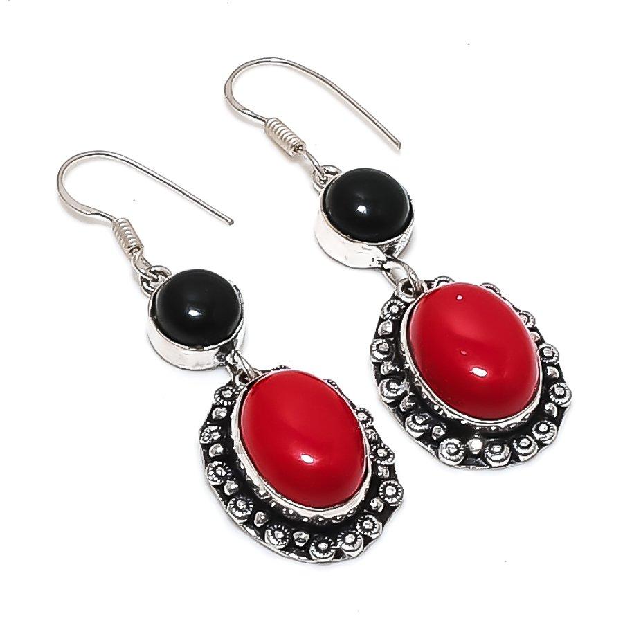 Natural Italian Red Coral, Onyx 925 Sterling Silver Jewelry Earring 2.17" S4j31