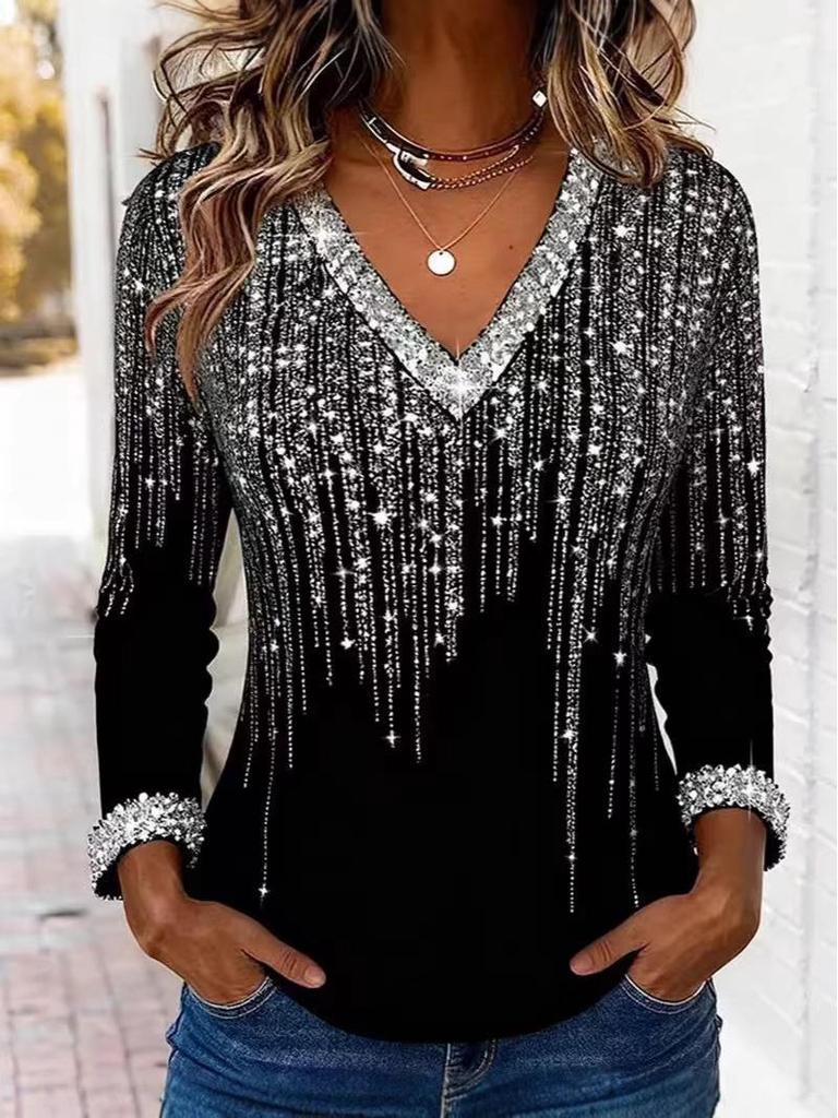 European & American V-Neck Long Sleeve Sequin T-Shirt (2025 Winter Collection)