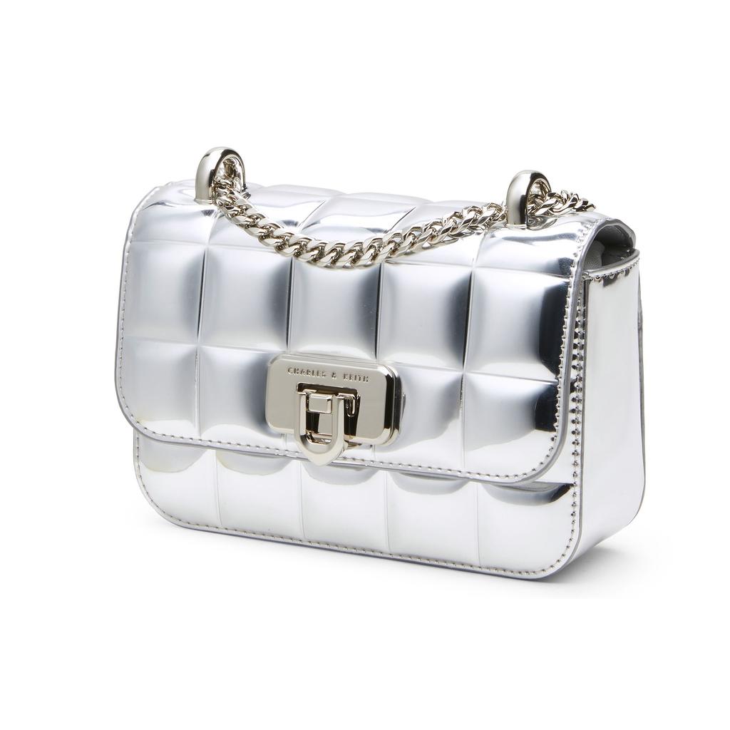 Charles & Keith Evening Party Mirror Checkered Chain Crossbody Bag Small Women bags Black Pink Silver CK2-80681154