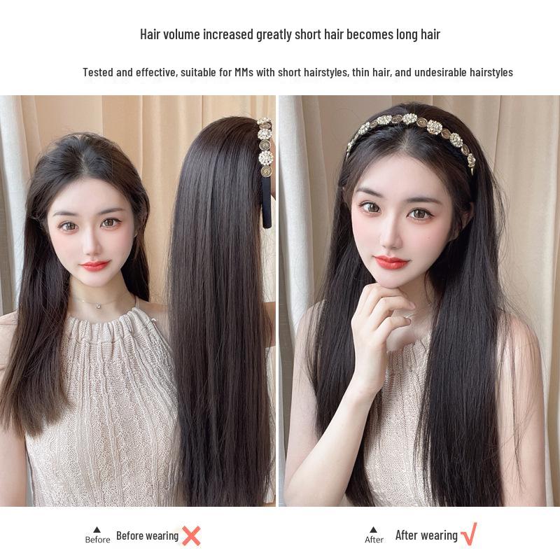 Women's Retro Rhinestone Headband Wig with Long Straight Hair, U-Shaped Half Head Cover