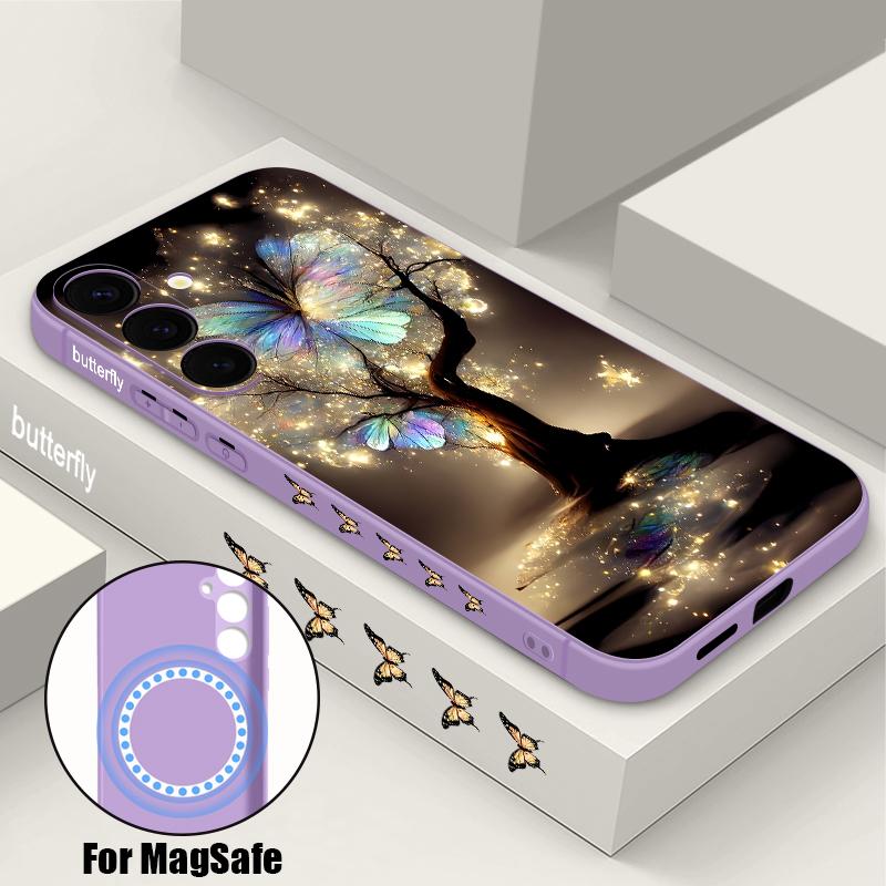

Shining Fantasy Tree Butterfly Pattern Case For Samsung Galaxy S25 Ultra S24 S23 S22 Plus S21 S25 FE Magnetic For Magsafe Soft Silicone Cover Samsung S21 FE фіолетовий