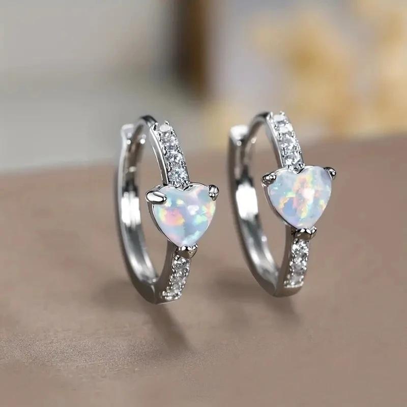 CAOSHI Elegant Hoop Earrings for Women Heart Imitation Opal Daily Wear Exquisite Girls Accessories Birthday Gift Chic Zircon