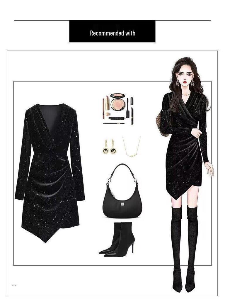 Golden Velvet Slim Fit Little Black Dress - Elegant Petite Short Skirt (2025)