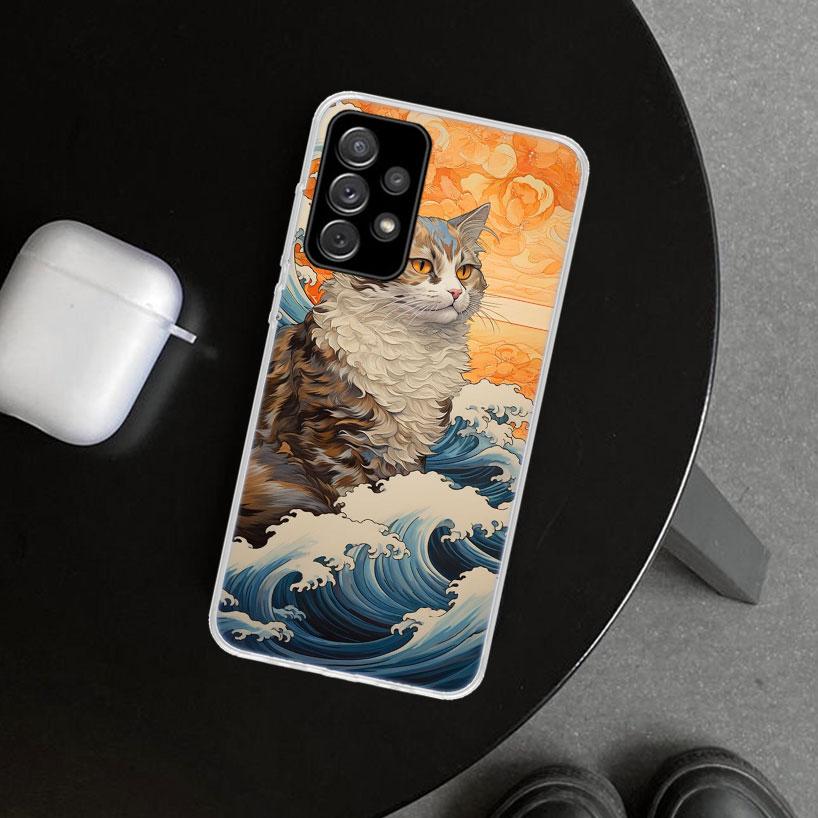 Anime Cat Sea Wave Aesthetic Phone Case for Samsung Galaxy A17 A16 A26 A36 A56 A57 A37 A15 A25 A35 A55 A14 A24 A34 A54 A13 A23 A
