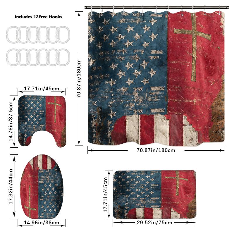 4PCS  Shower Curtain Sets With Shower Curtain And Rugs Toilet Lid Rug U Shape Mat And Bath Mat Bathroom Set  With 12 Hooks