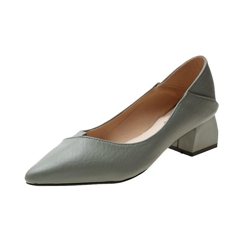 

Coarse heel light mouth high heel single shoes women pointed professional shoes black medium heel leather shoes 40 зелёный