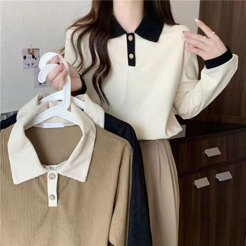 Women's Versatile Slim-Fit Lapel Long Sleeve Polo Shirt for Spring & Autumn