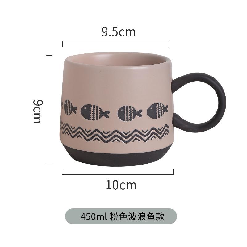 Underglaze Hand Painted Ceramic Mug Set Coarse Pottery Cute Pattern Large Coffee Cup for Couples Matching Pair Gift
