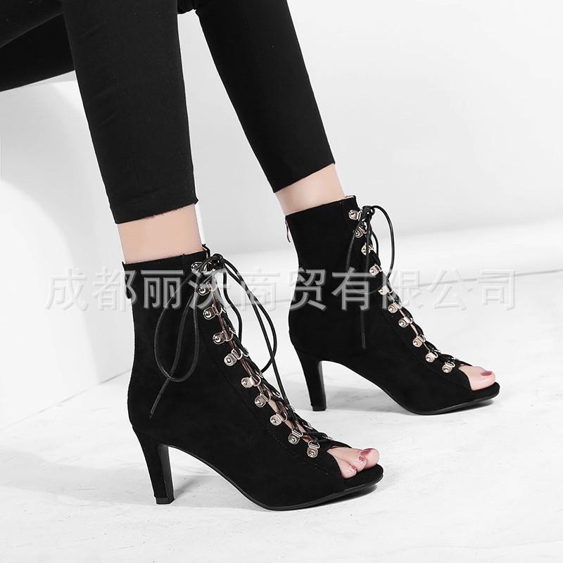 European and American plus size jazz dance dance mesh cool boots heels lace up jazz high heels