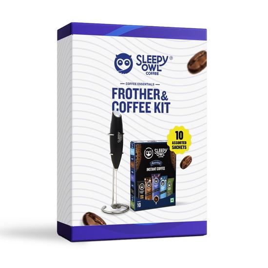 

Sleepy Owl Вспениватель и кофейный набор | Элегантный черный вспениватель из нержавеющей стали | Ассорти пакетиков растворимого кофе | 5 вкусов