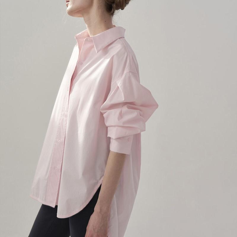 Women Spring Autumn Oversize 100% Cotton Long Sleeve Button Down Shirt, Loose Fit Mid-Length Casual Top