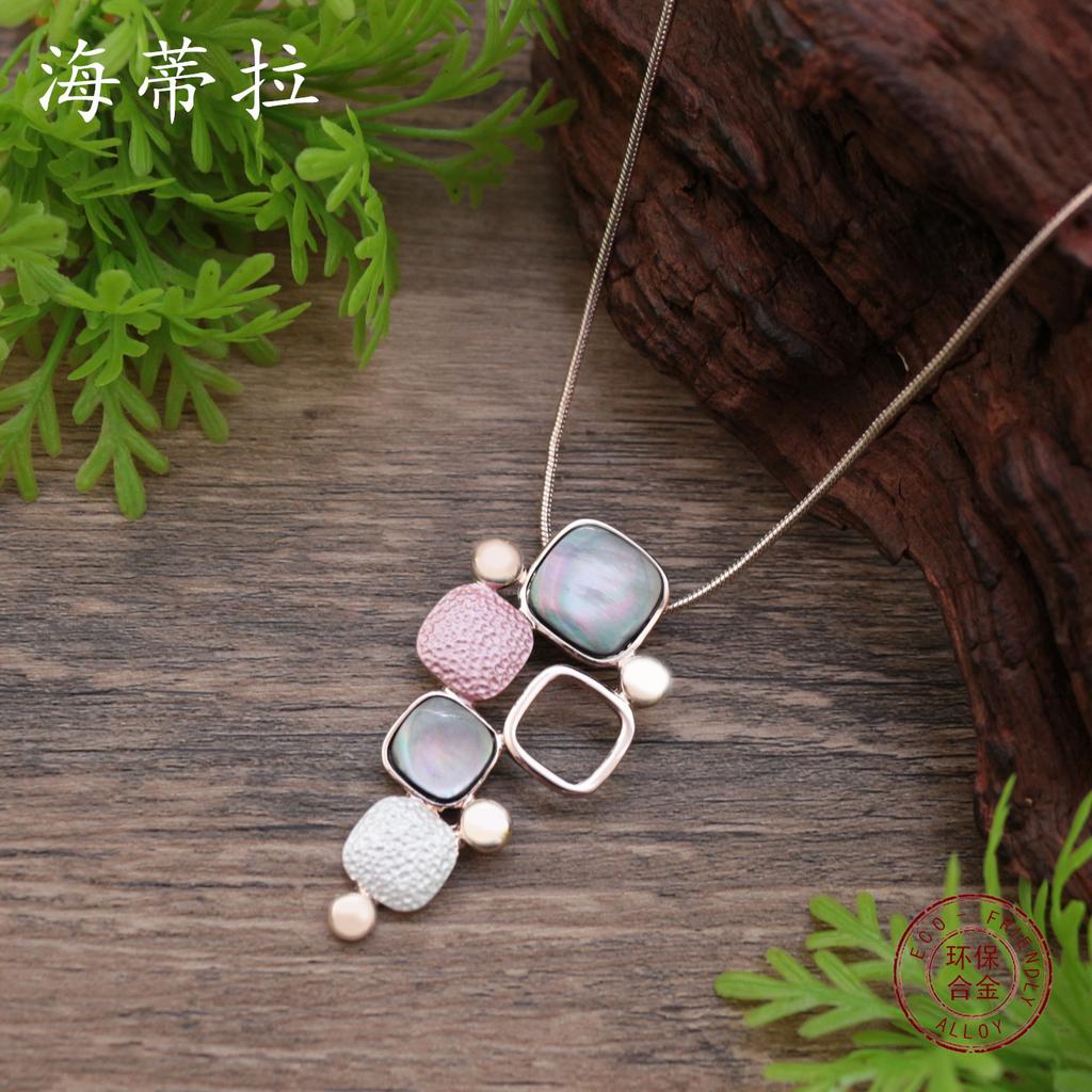 New Abalone Shell Inlaid Square Geometric Pendant, Women's High-end Color Painting Oil Square Necklace