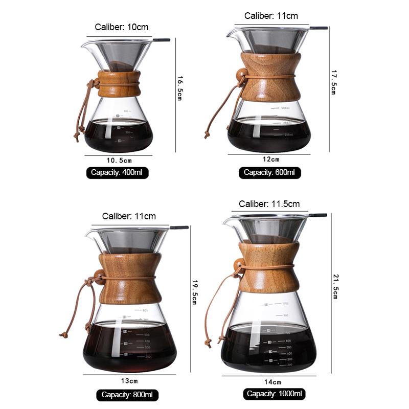 Coffee Maker Kettle Clear Hand Brew Coffee Pot High Borosilicate Glass Stainless Steel Filter Dripper Pour Coffee Server Pot