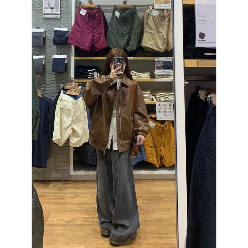 

Maillard Wear Коричневое кожаное пальто Женское Осень и Зима Модная мотоциклетная одежда Свободная куртка из ПУ кожи Топы Тренд Brown S [Suggested 40.00 kg-47.50 kg]]