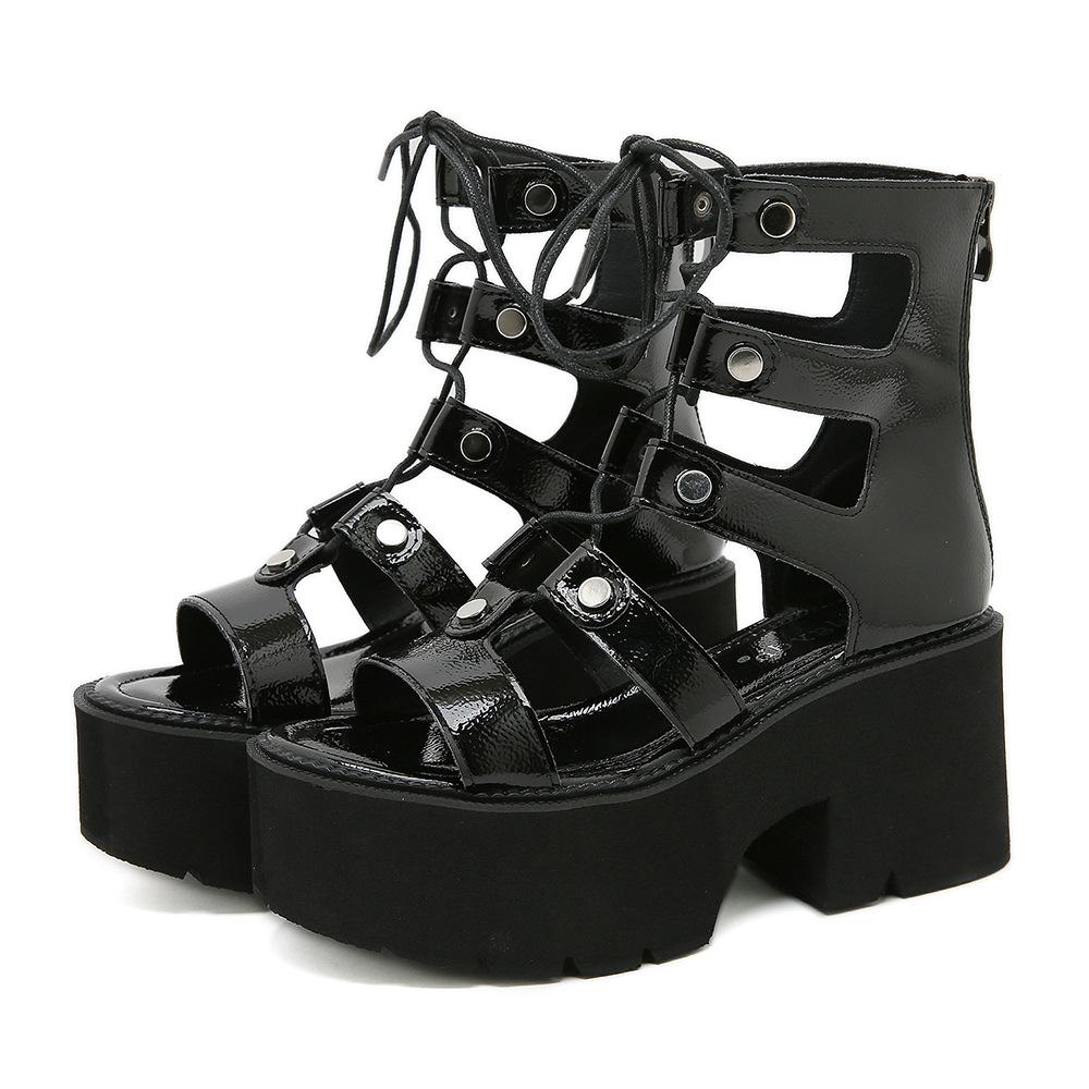 

Сандалии римские женские с круглым носком, с перекрестными ремешками, водонепроницаемые, сандалии на каблуке-столе, молния сзади, лакированная кожа 35 чёрный