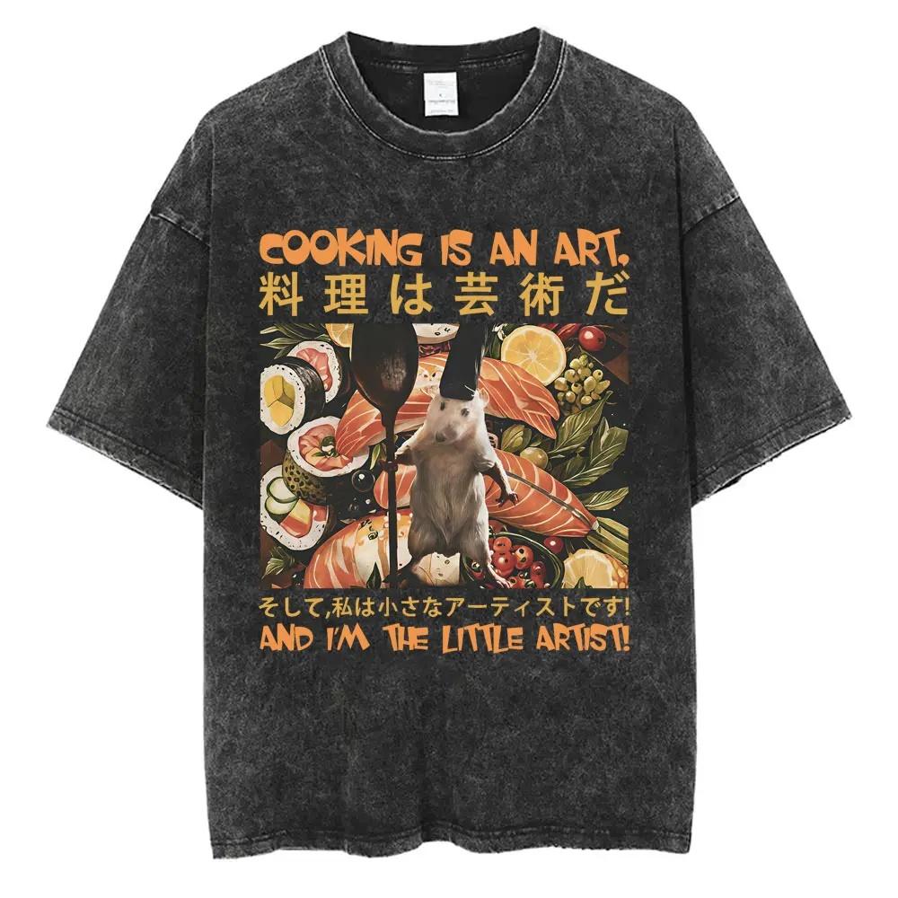 

Vintage Washed Japanese Cooking Is An Art Cat TShirt Retro Chef Meme Graphic Tee Harajuku Streetwear Tops for Men Women Shirt S