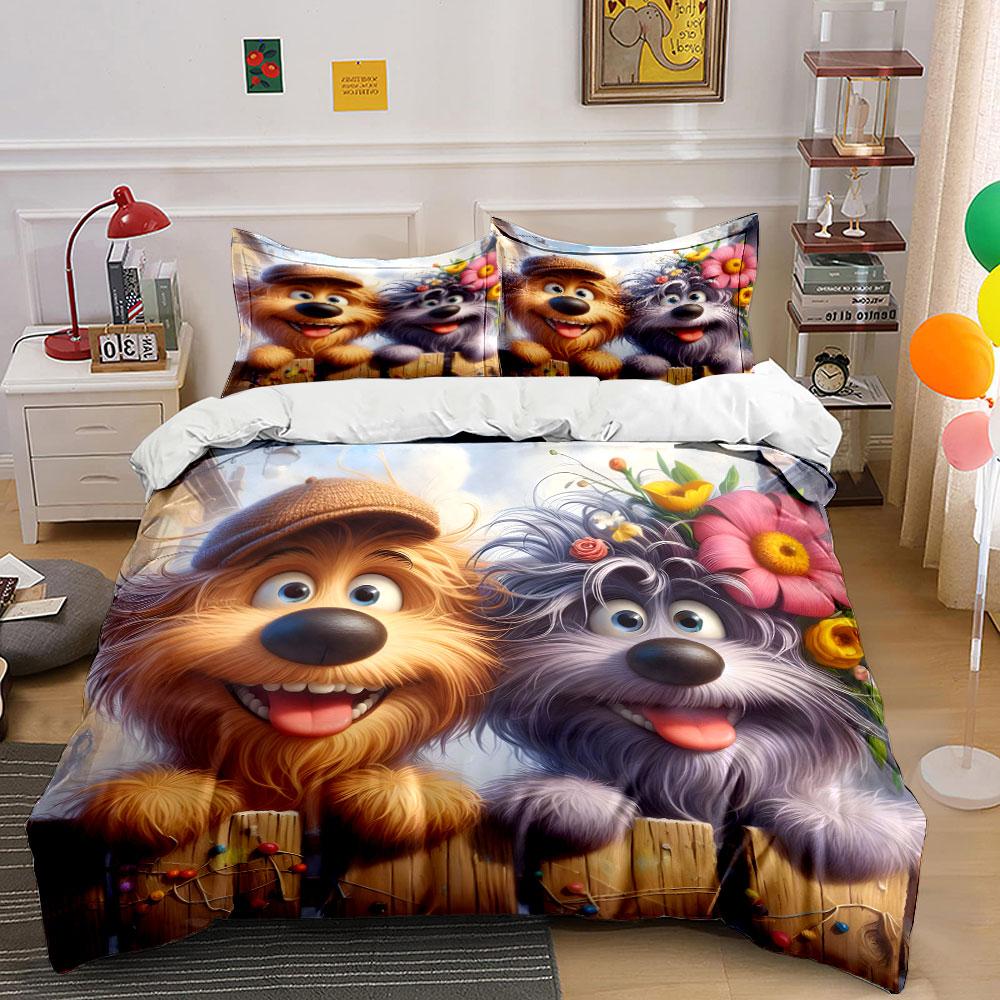 Happy Cartoon Dogs with Flowers Bedding Duvet Cover Set (1*Duvet Cover 2*Pillowcases, without duvet insert)