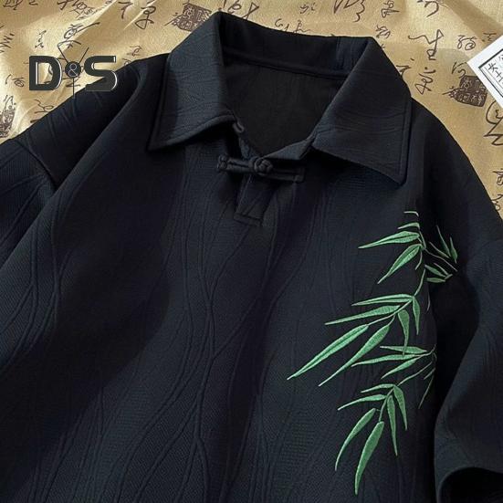Men's Chinese Style T-Shirt Short Sleeve Lapel Tee Shirt Retro Loose Fit T-Shirt with Bamboo Embroidery Pattern for Daily Wear Street
