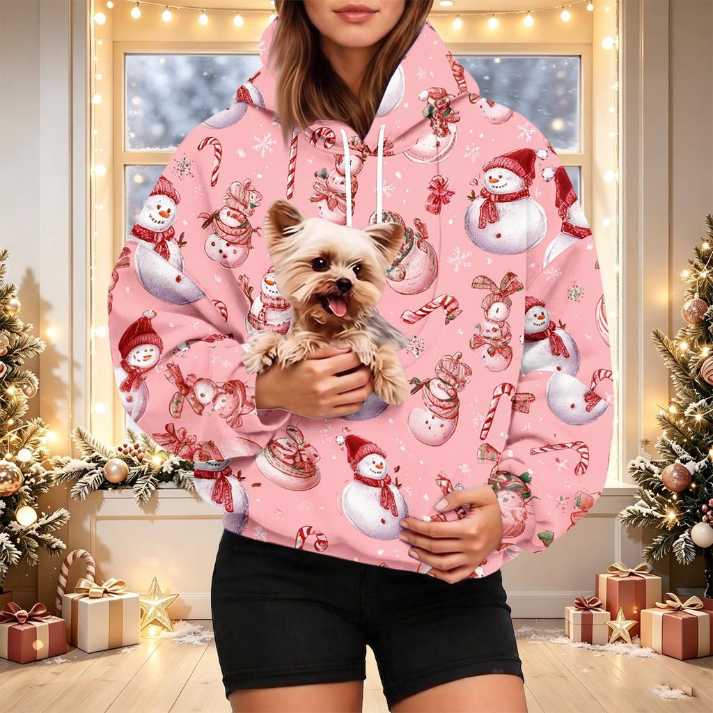 Women's Christmas Print Pet Pocket Hoodie, Fashion Hooded Sweatshirt for Holiday