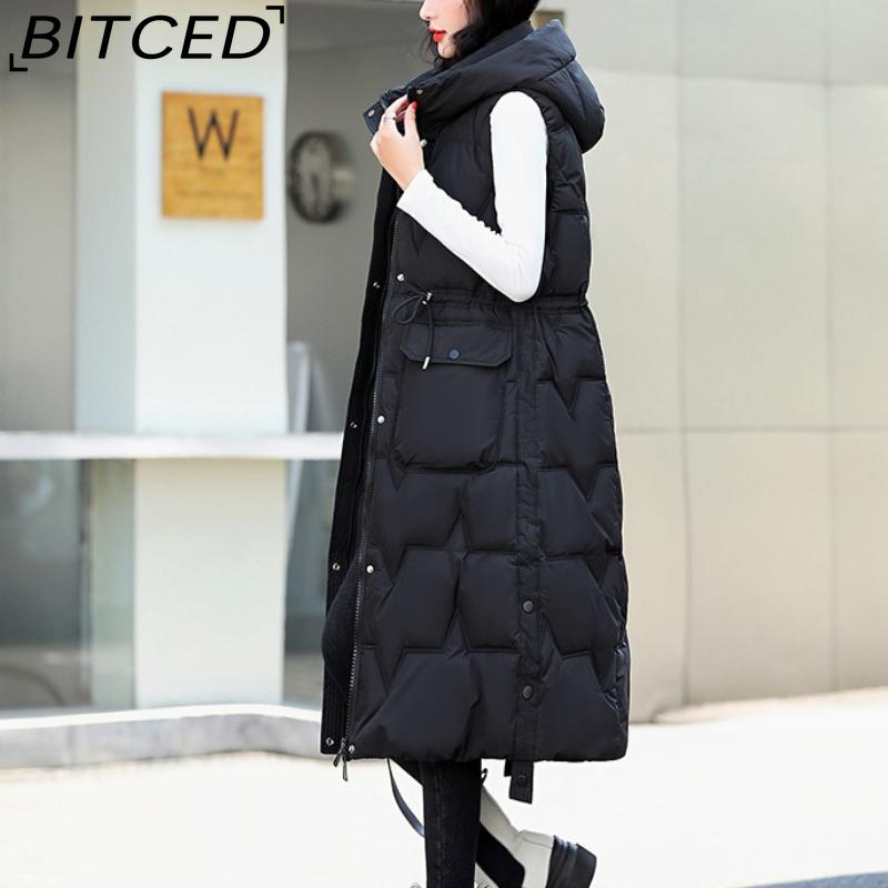 BITCED Women's Plus Size Long Down-Filled Quilted Vest with Hood, Thickened Sleeveless Coat for Autumn/Winter
