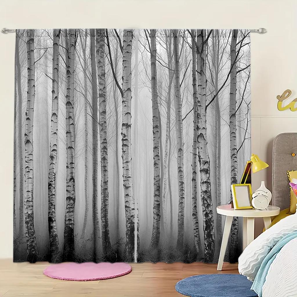 2pcs Silver Birch Pattern Printed Curtain for Home Decor - Rod Pocket Window Treatment for Bedroom, Office, Kitchen, Living Room