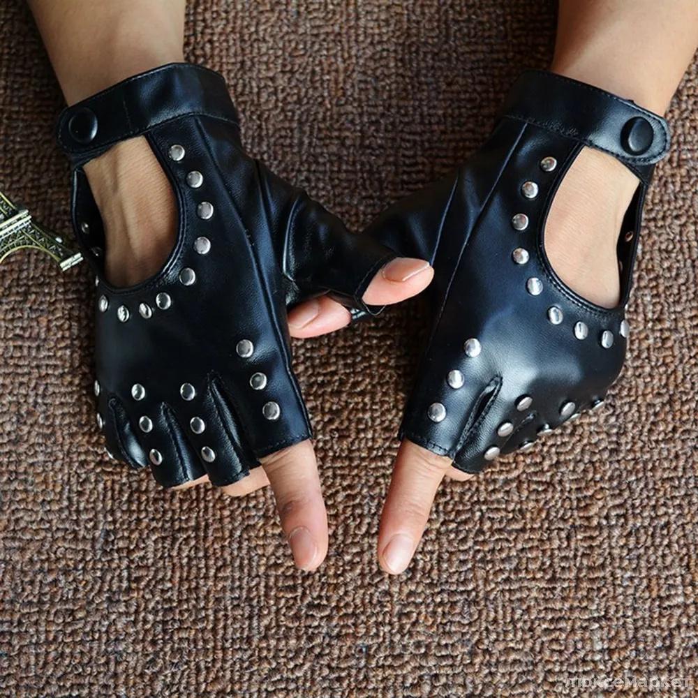 Damen Leder Halbfinger Nieten Streetdance Handschuhe