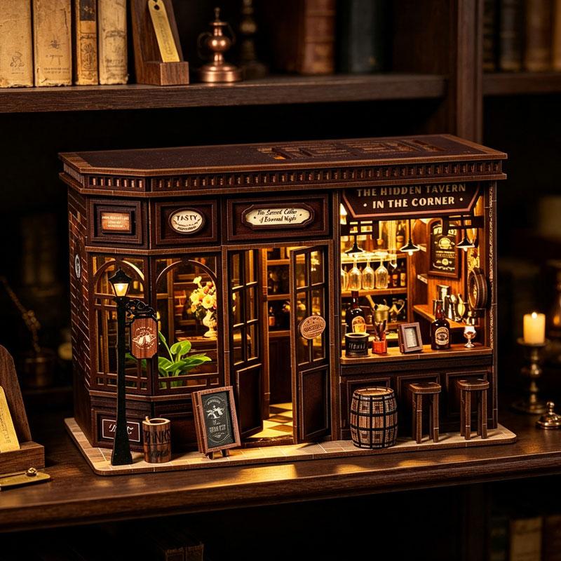3D Wooden Puzzle Book Nook DIY Mini Magic Library House Kit Handmade Bookshelf Decor Bookend Building Set for Xmas Birthday Gift