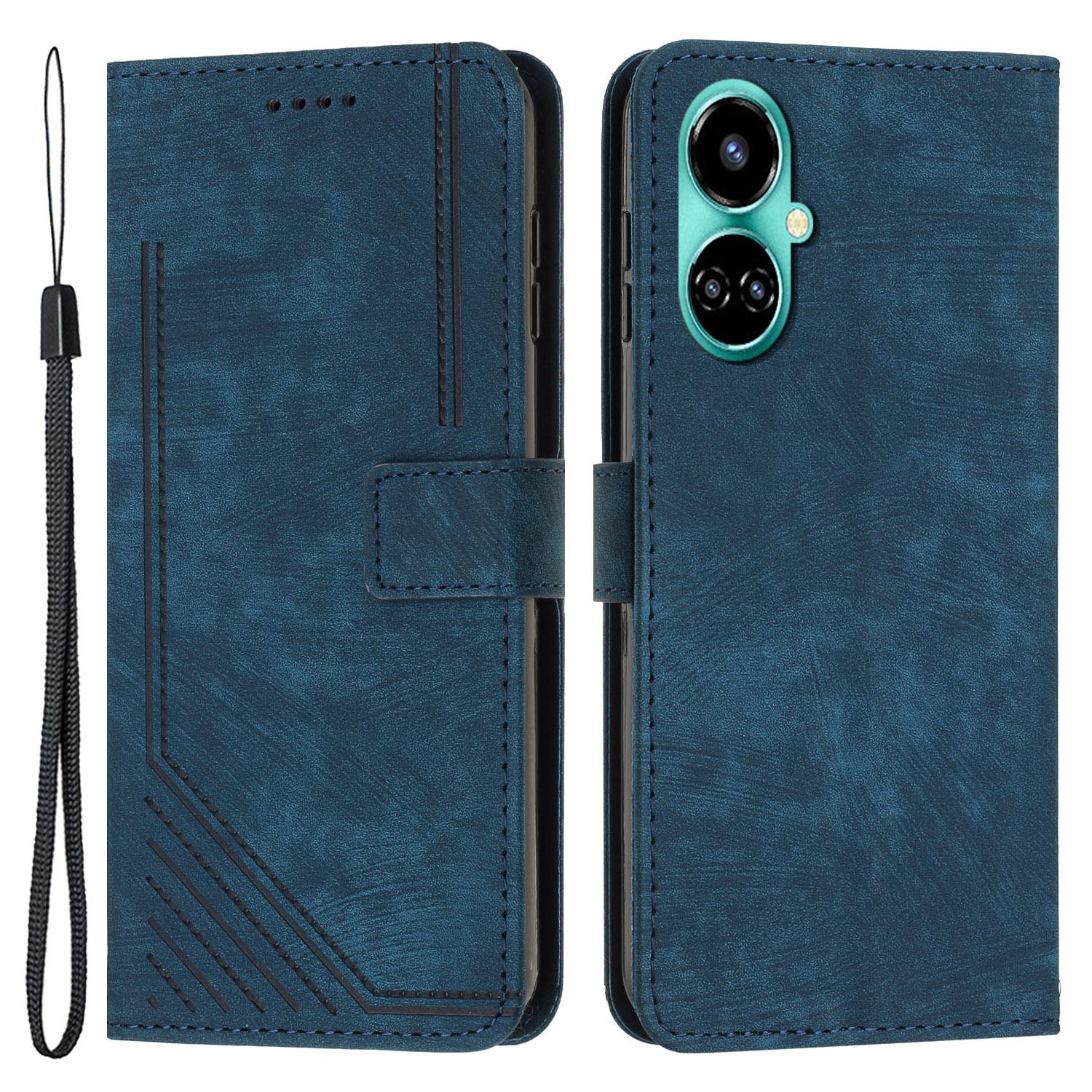 

For TECNO Camon 19 4G/19 Pro 4G/19 Pro 5G Leather Phone Cover Stand Skin-Touch Lines Imprinted Wallet Case Sapphire