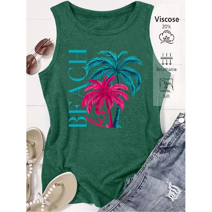 Colorful Palm Tree Print Loose Women Beach Sleeveless Tank Top