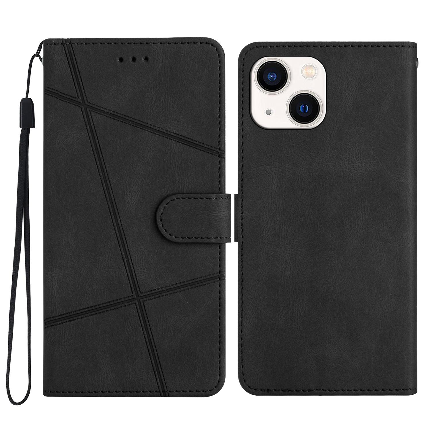

For iPhone 15 Wallet Leather Phone Stand Case Crazy Horse Texture Shell Phone Cover Imprinted Lines Shell Black
