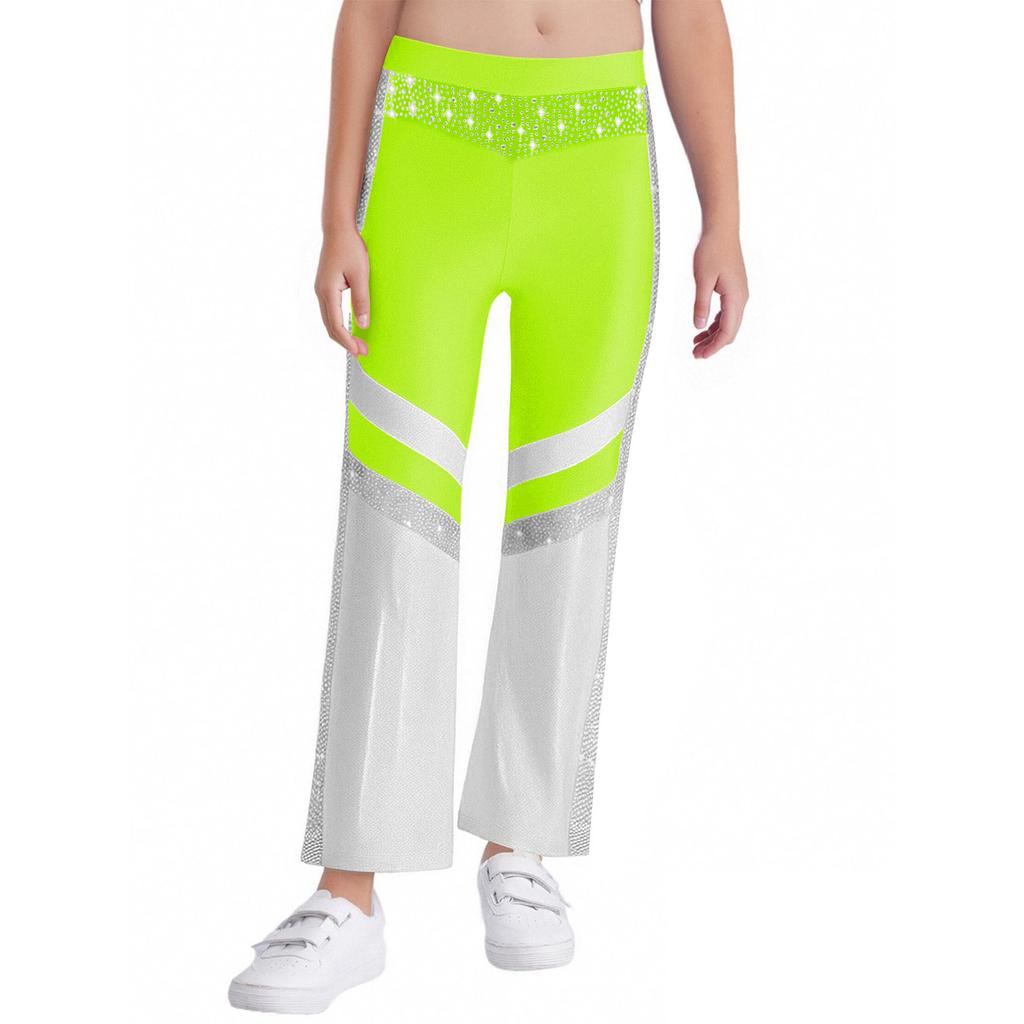 Dívčí gymnastický akrobatický taneční kostým Lesklé kamínky Zvonové kalhoty Elastický pas Barevný blok Kalhoty se zvonovými nohavicemi