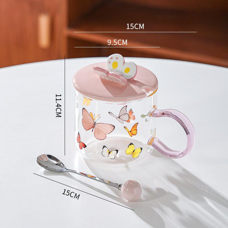 Butterfly Heat Resistant Glass Cup Breakfast Cup Gift Gift High value Pink Girl Heart Cup Cup Mug with Lid Spoon