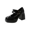 Fashion New Lacquer Leather Women's Double Button Thick High Heels Women's Square Head Buckle Thick Heels Large Heels Women's Shoes