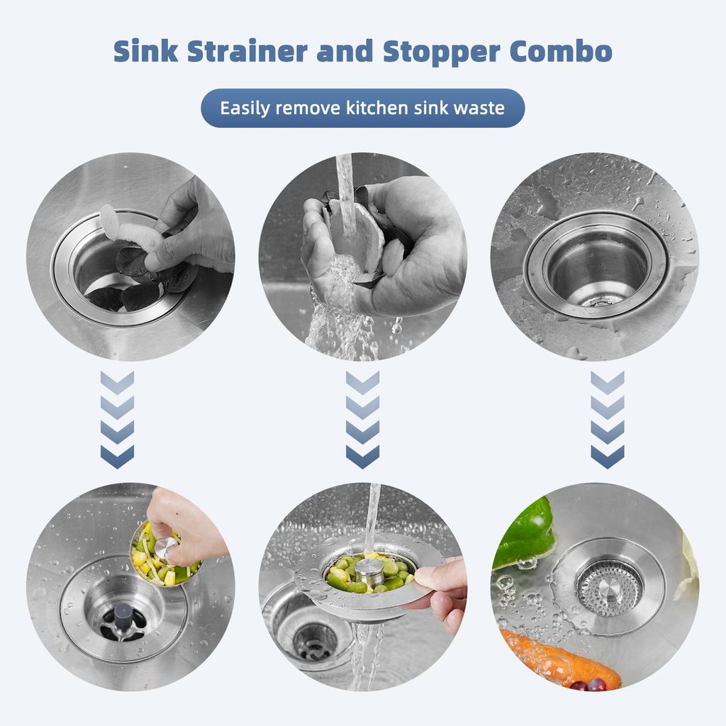 All Metal Kitchen Sink Strainer Stopper Combo - Stainless 3-in-1 Pop Up Sink Drain Strainer for Standard 3-1/2 Inch Drain Filter