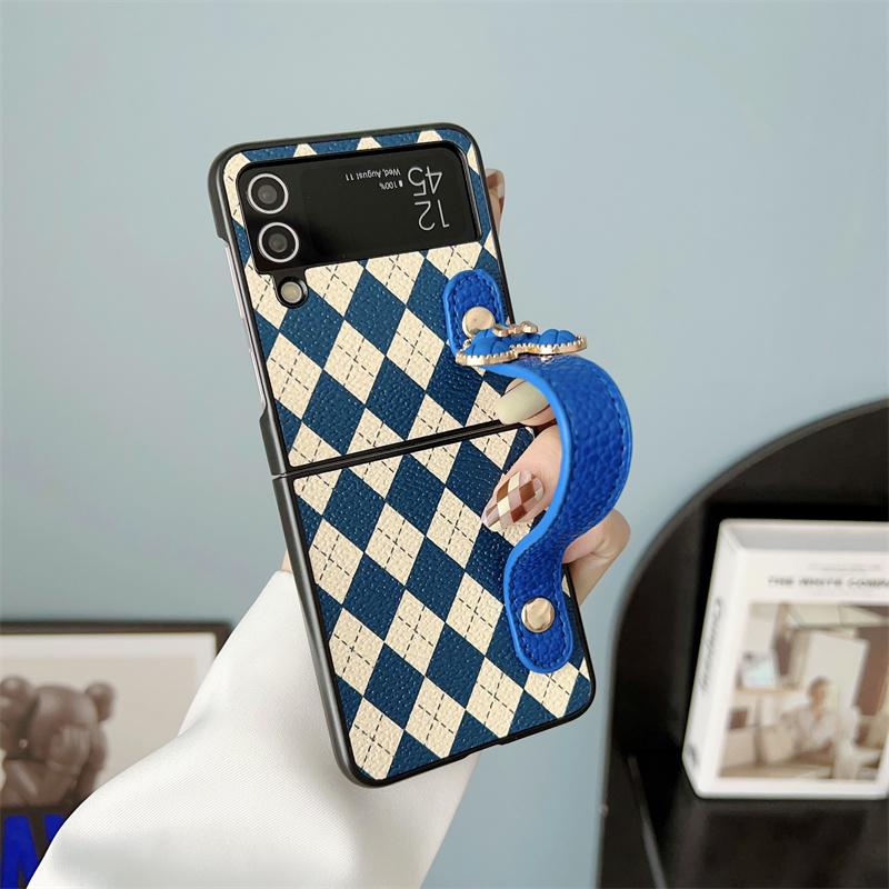 Niedliche Leder-Armband-Telefonhülle für Samsung Galaxy Z Flip 4 3 5 Abdeckung kariertes Muster Schutzhüllen für Flip5 Flip3 Flip4 5G
