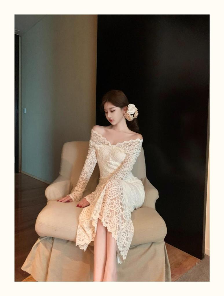White Lace One-Shoulder Long-Sleeve Bodycon Autumn Dress for Women