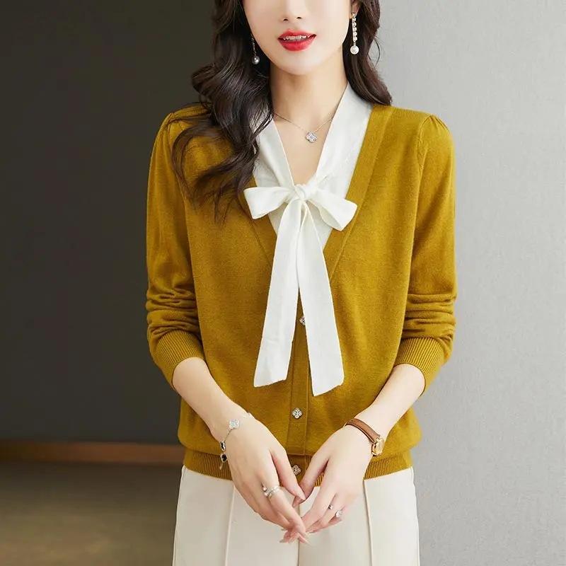 V-neck top women's knitted sweater spring and summer new foreign style beautiful sweater thin autumn bow sweater bottoming shirt