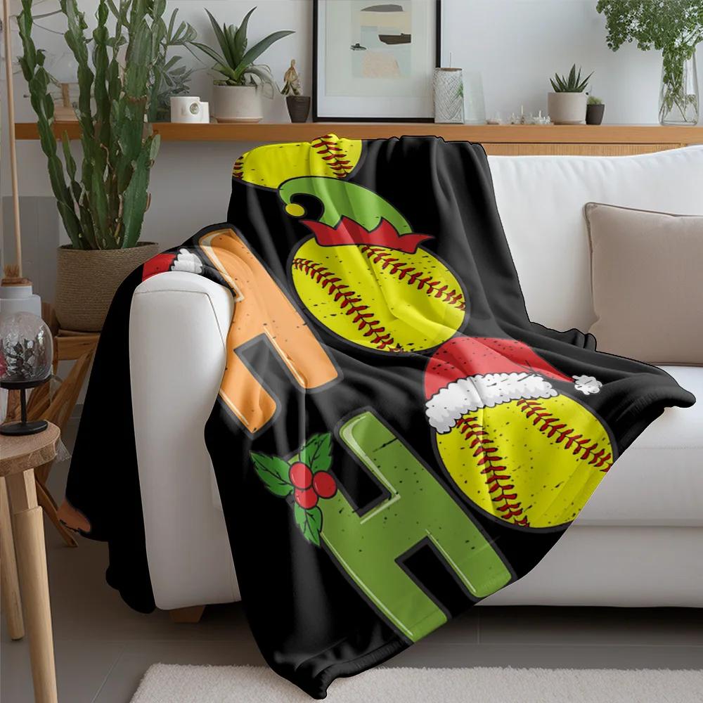 HO HO HO Christmas Fleece Blanket, Colorful Letters with Santa Hat Softballs, Fun Festive Throw for Holiday Sofa Decor