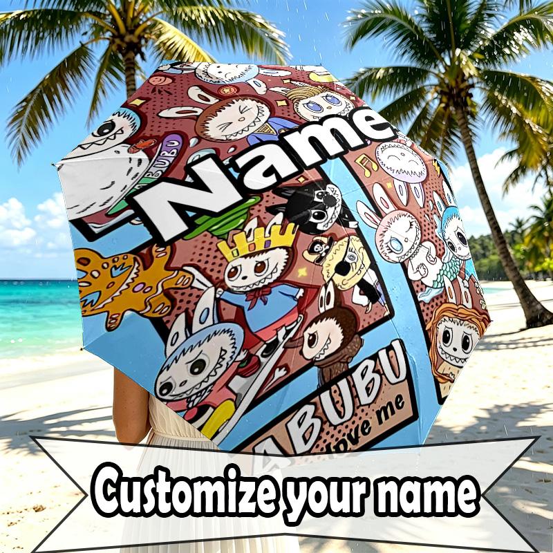 Custom Name Personalized Labubu Print Umbrella, Auto Open Close, 8‑Rib Sturdy Frame, Commute Camping Hiking Use, Birthday Gift